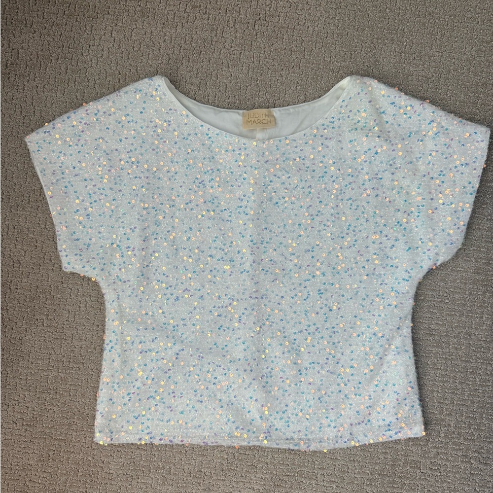 Judith March White Iridescent Sequin Short Sleeve Top Small